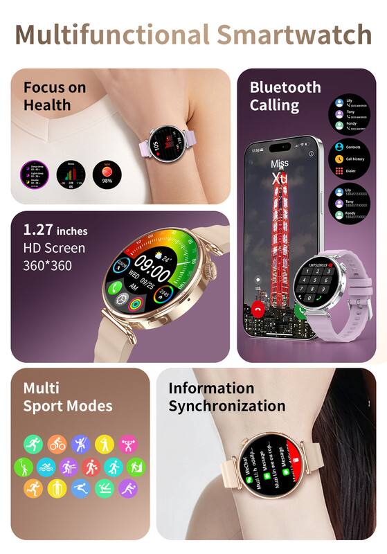Multifunctional Smartwatch

Focus on Health

Bluetooth Calling

1.27 inches HD Screen 360*360

Multi Sport Modes

Information Synchronization