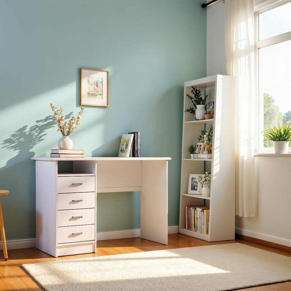 Back. FurniFact - White Desk with 4 Drawers - Modern Office Desk for Storage and Productivity - White.