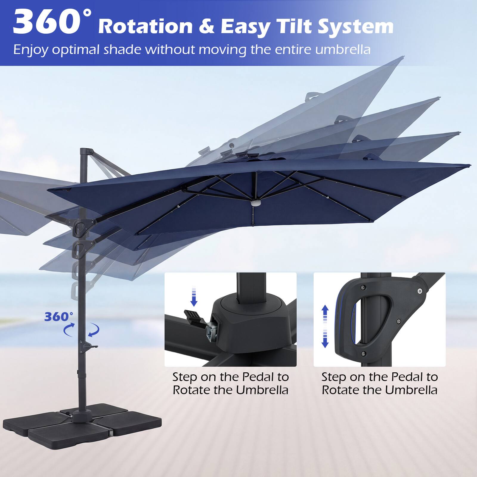 360° Rotation & Easy Tilt System  
Enjoy optimal shade without moving the entire umbrella  

Step on the Pedal to Rotate the Umbrella  
Step on the Pedal to Rotate the Umbrella