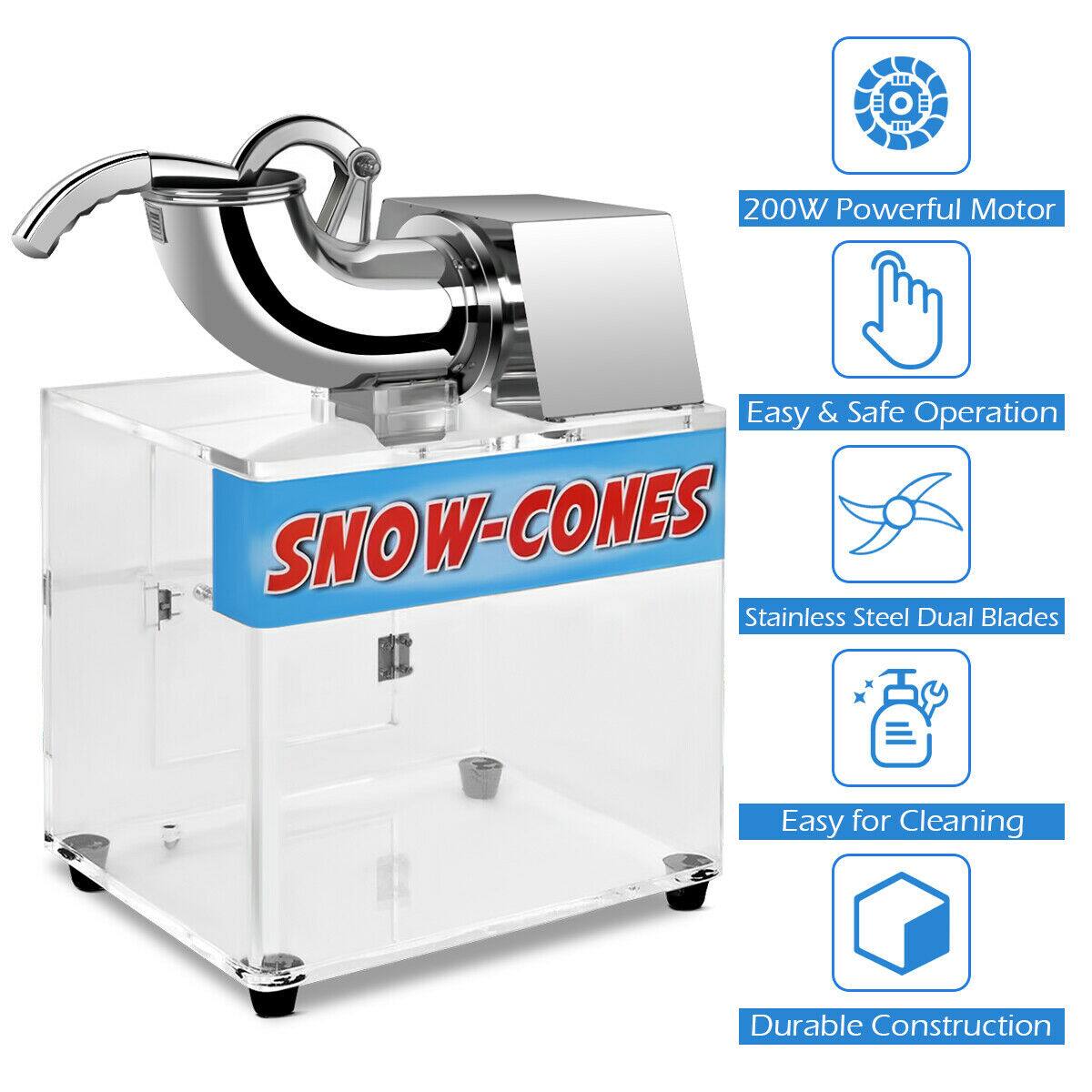 The text on the image is grouped as follows:

1. 200W Powerful Motor
2. Easy & Safe Operation
3. SNOW-CONES
4. SNO Stainless Steel Dual Blades
5. Easy for Cleaning
6. Durable Construction