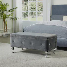 Ropilly - Tufted Storage Ottoman Bench Grey Velvet End of Bed Bench with Crystal Buttons Entryway Shoe Footrest - Gray