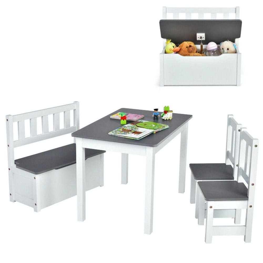 Alt View 4. Kadyn - 4 Pieces Kids Wooden Activity Table and Chairs Set with Storage Bench and Study Desk-Gray, Small Folding Table for Arts - Natural.