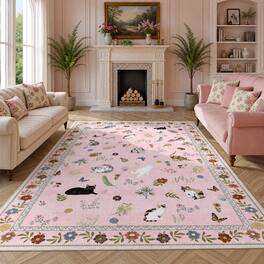 KERDOM - 8x10' Extra Large Area Rug, Cat-Themed Floral Carpet for Living Room & Master Bedroom, Rubber Backing, Machine Washable - Pink