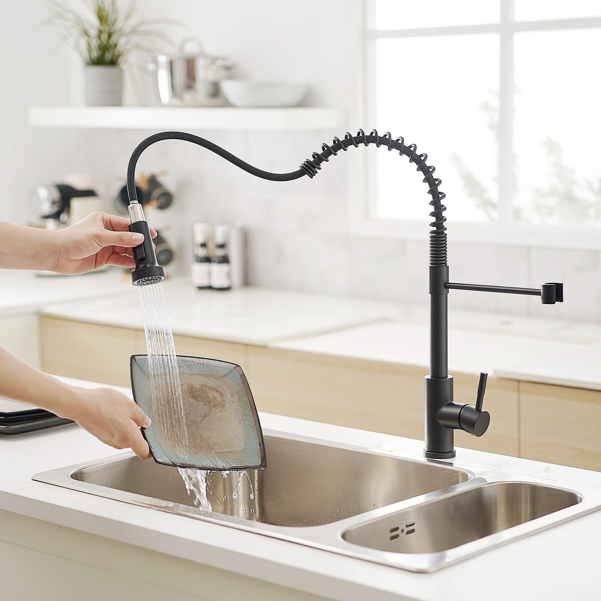 Left. Boyel Living - Matte Black Single Handle Pull Down Sprayer Kitchen Faucet Stainless Steel with Water Supply Hoses - Matte Black.