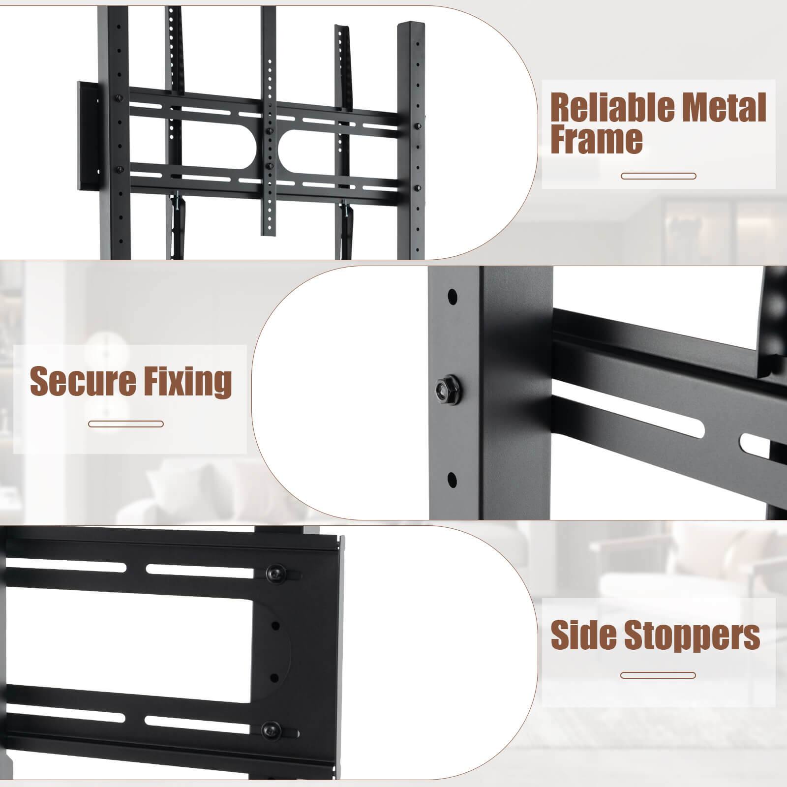 The text on the image is grouped as follows:

1. Reliable Metal Frame
2. Secure Fixing
3. Side Stoppers