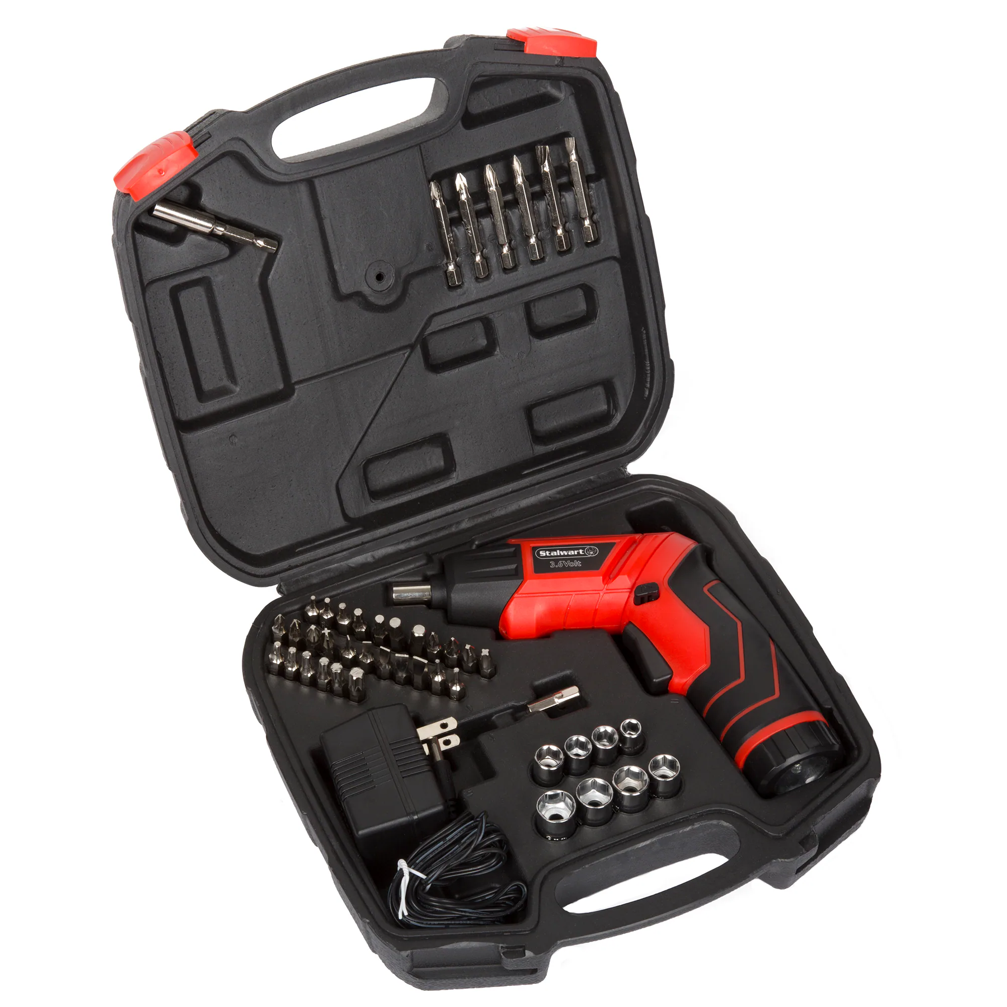 Alt View 1. Stalwart - 45PC Pivoting Screwdriver Set Cordless Power Tool with Rechargeable Battery, 2 LED Flashlights, Bits, Sockets, and Case - Black.