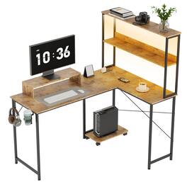 Comhoma - 53 IN Reversible L-Shaped Office Desk with LED Lights, Power Outlets Executive Desk with Hooks and Cup Holder - Wood
