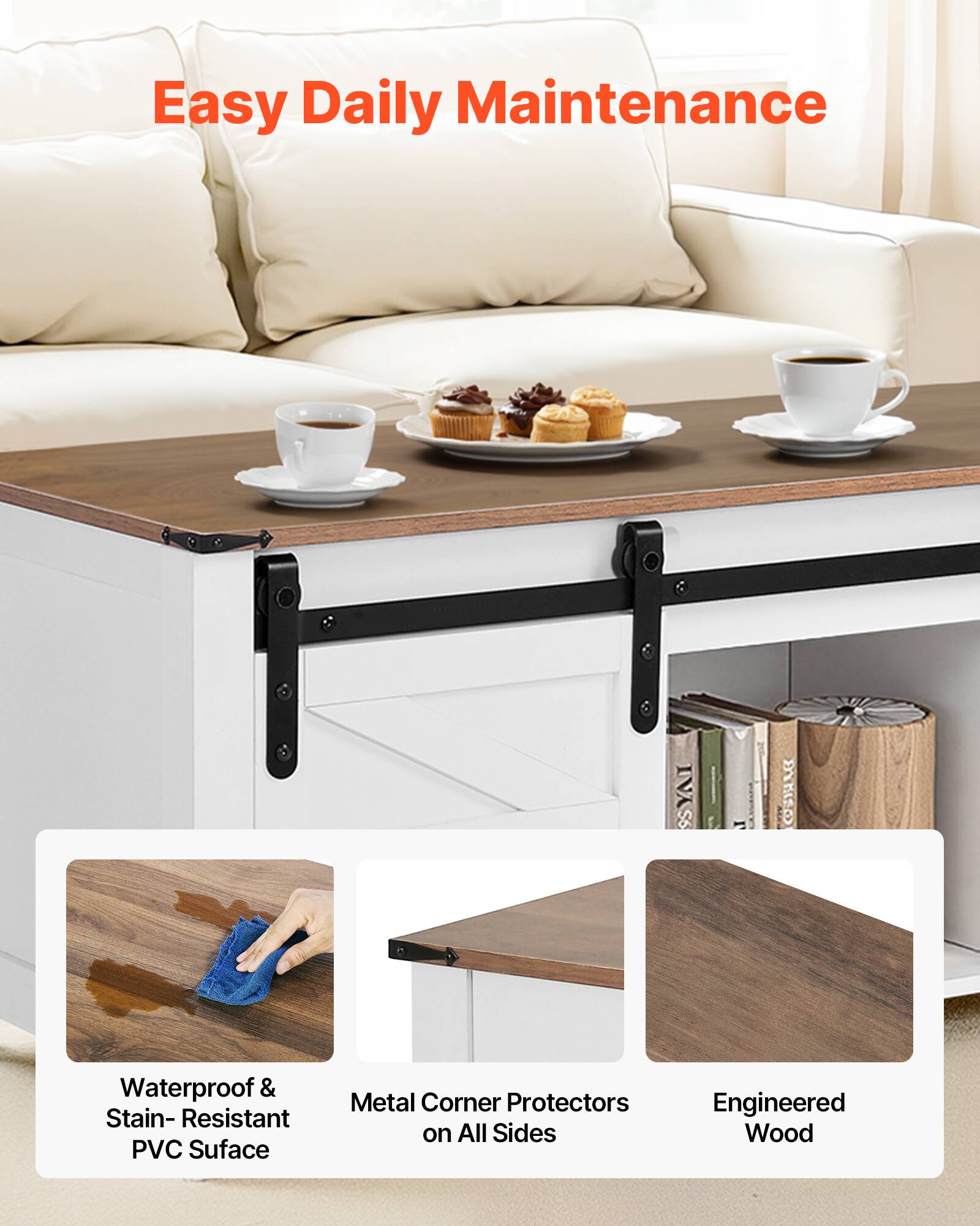 Easy Daily Maintenance

- Waterproof & Stain-Resistant PVC Surface
- Metal Corner Protectors on All Sides
- Engineered Wood