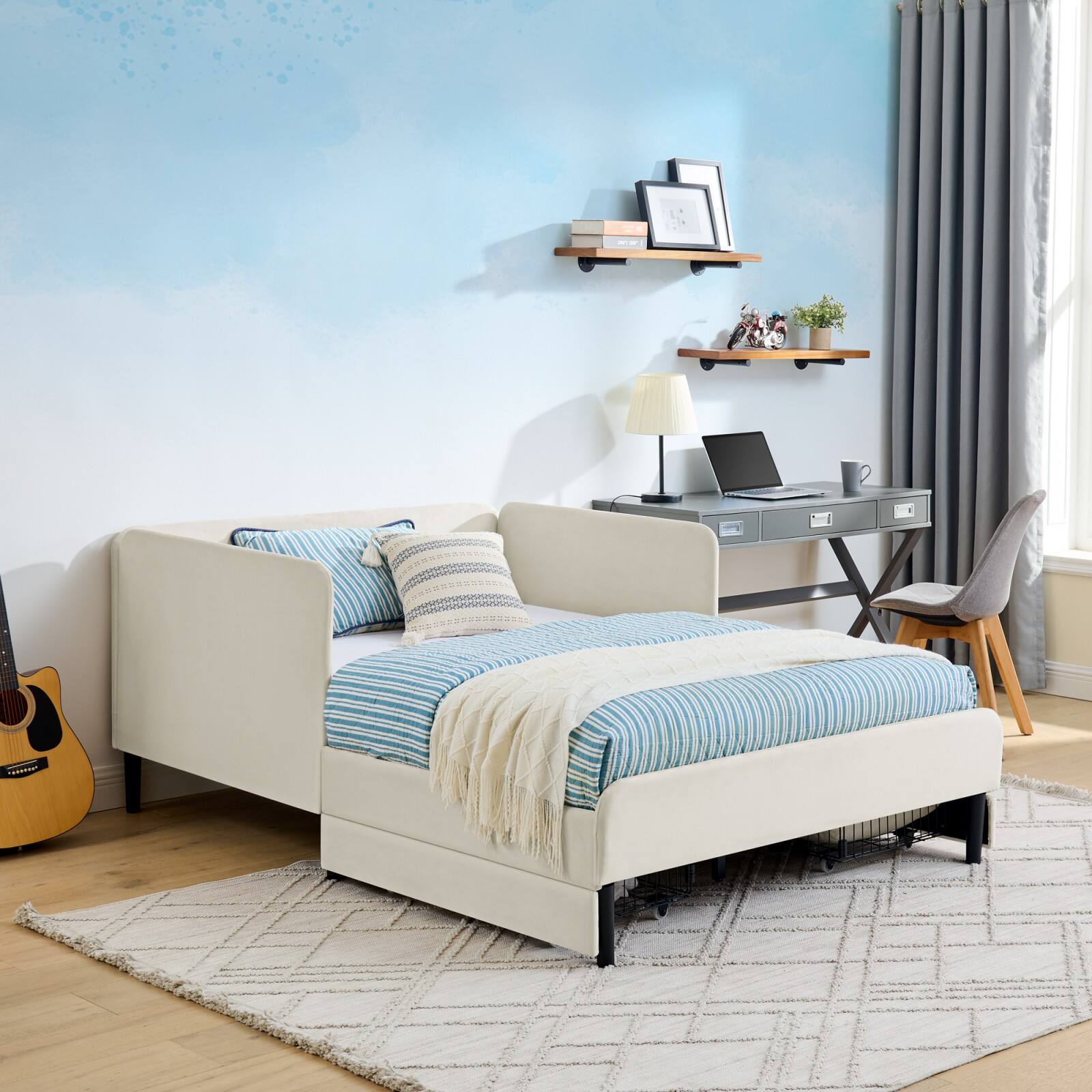 Alt View 4. Ecooso - Full Size Upholstered Platform Bed Frame with 2 Storage Drawers, Adjustable Velvet Sofa Bed - Beige.