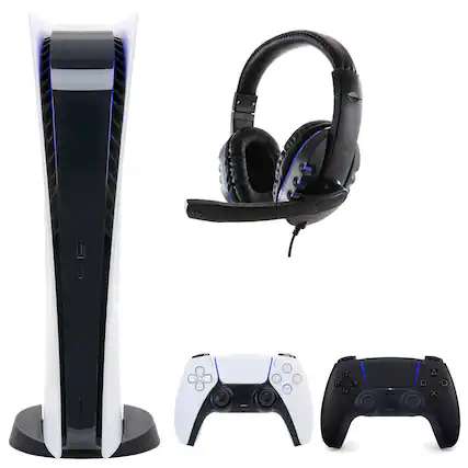 Front. Sony - PS5 Digital Console with Extra Black Dualsense Controller and Universal Headset - White.