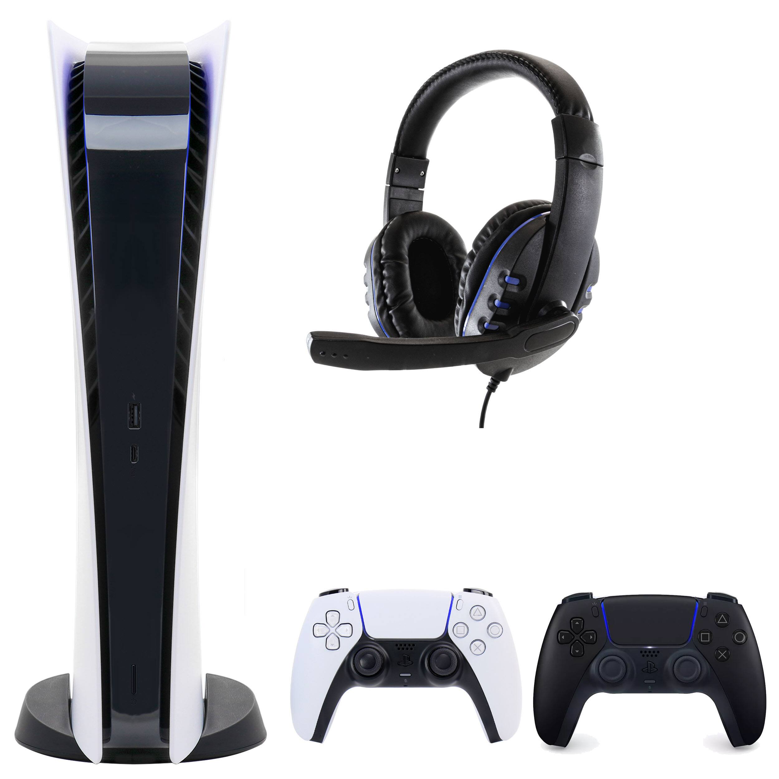 Front. Sony - PS5 Digital Console with Extra Black Dualsense Controller and Universal Headset - White.