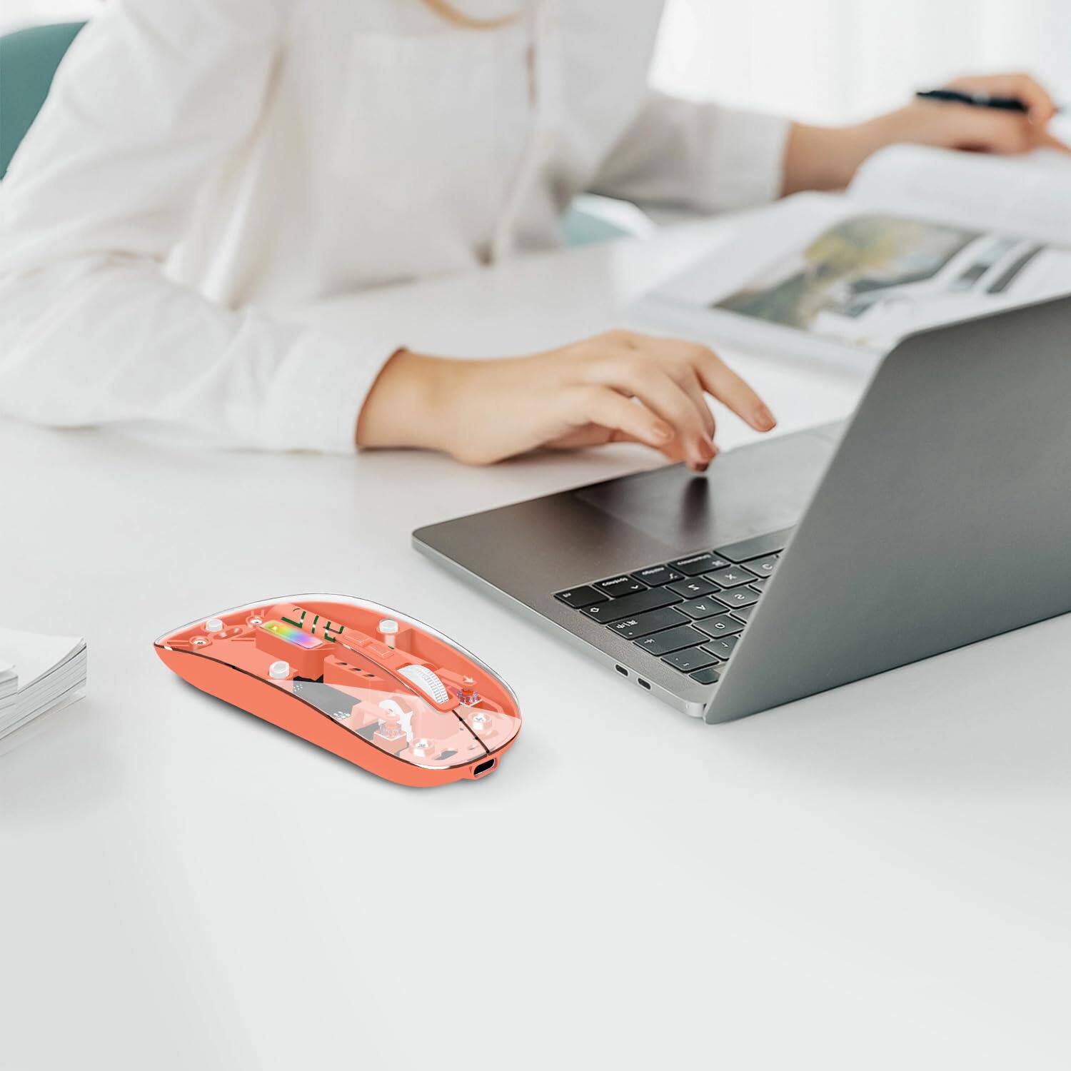 Alt View 3. Comfort Essence - Wireless Mouse Computer Mice With Dual Mode Connectivity Optical Transparent Shell Rechargeable For... - Orange.