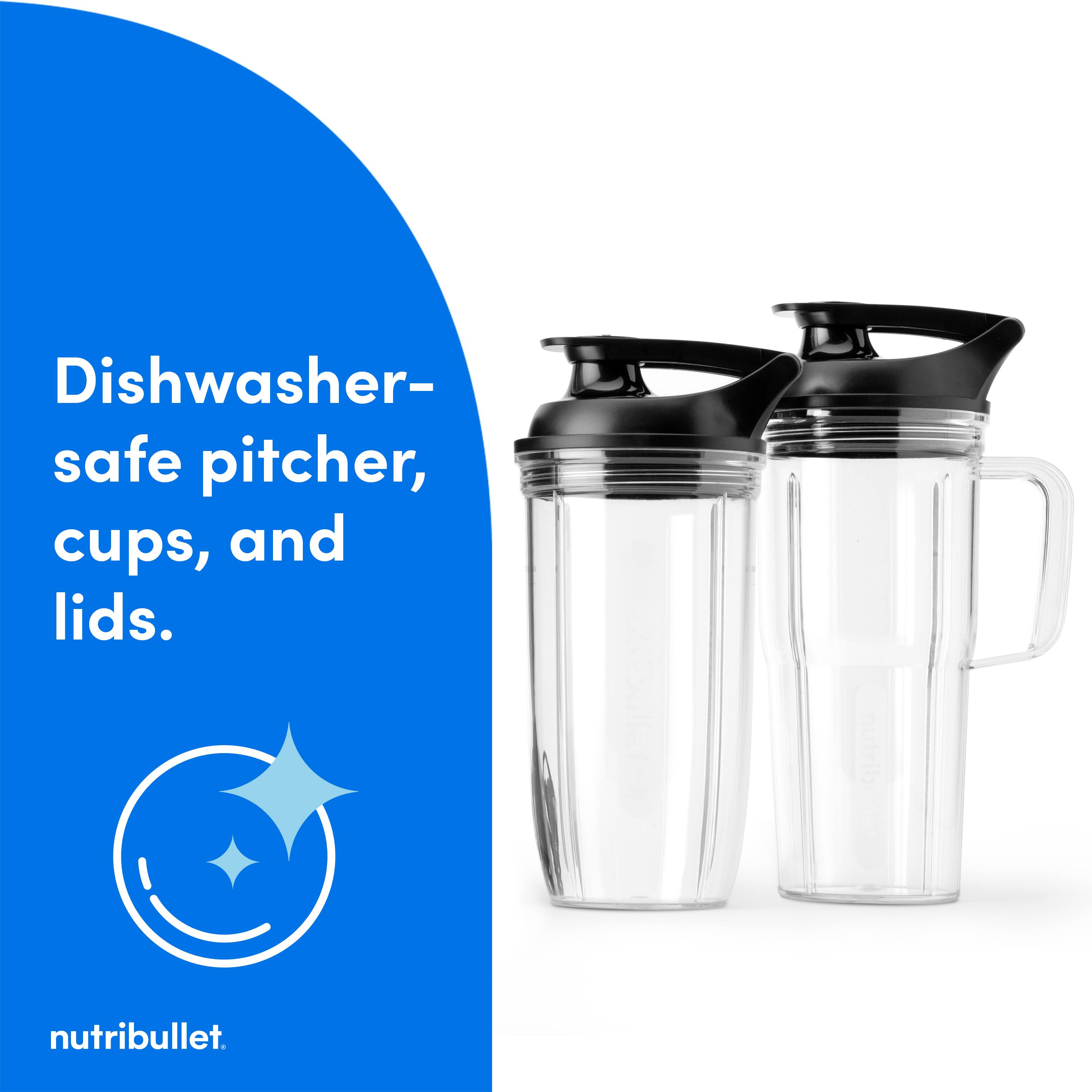 Dishwasher-safe pitcher, cups, and lids. nutribullet.