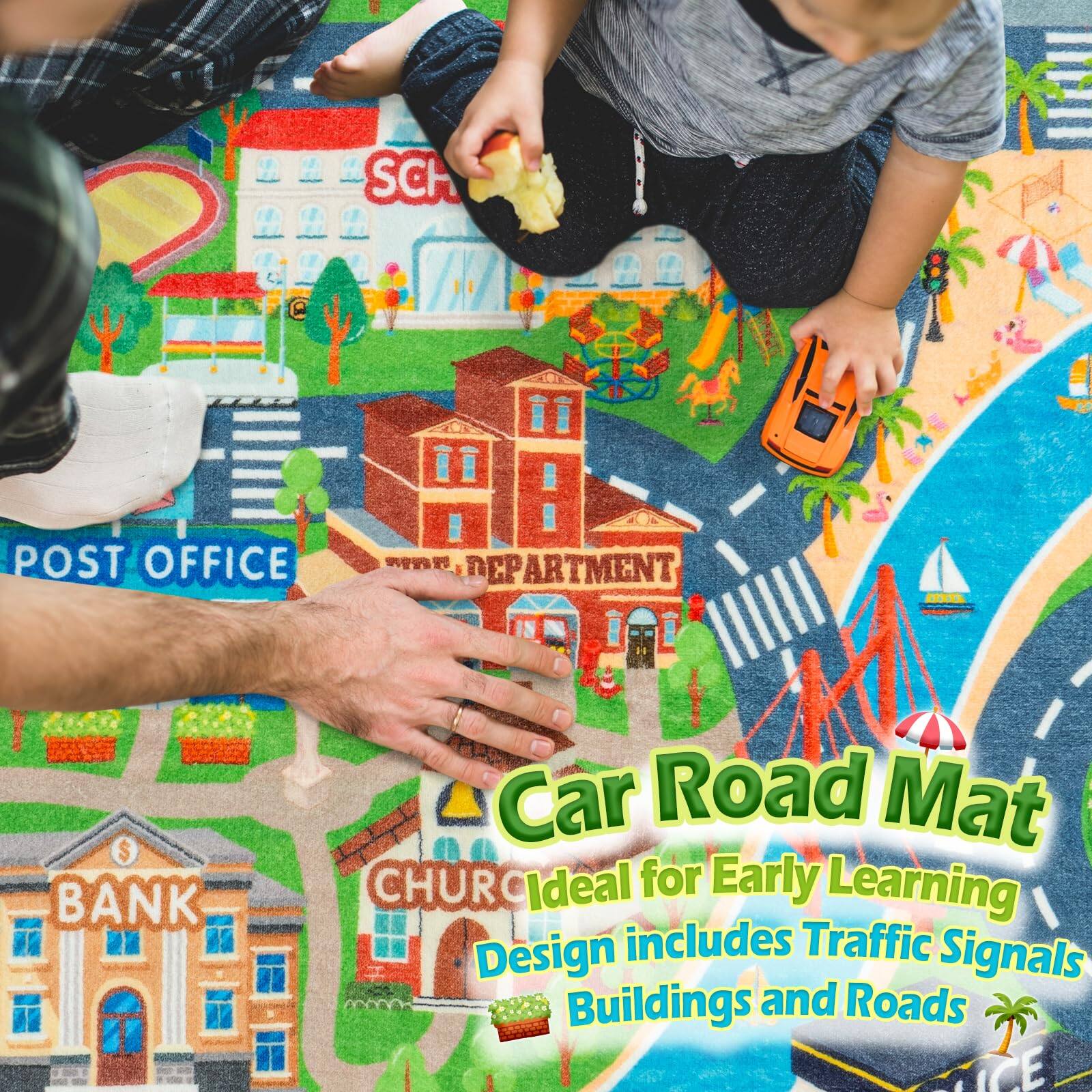 Sure, here is the corrected and grouped text from the image:

---

**Car Road Mat**

Ideal for Early Learning

Design includes Traffic Signals, Buildings and Roads

---

**POST OFFICE**

**DEPARTMENT**

**BANK**

**CHURCH**

---

**SCHOOL**

---

**ICE CREAM**

---

**POLICE**

---