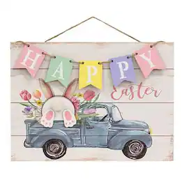 BreeBe - Happy Easter Banner Bunny Truck Hanging Wood Sign - Multi