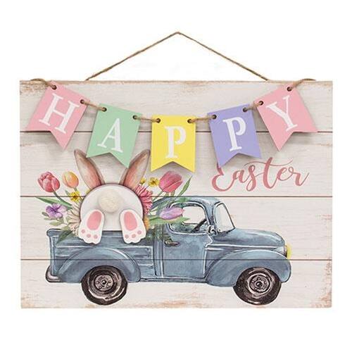 Front. BreeBe - Happy Easter Banner Bunny Truck Hanging Wood Sign - Multi.