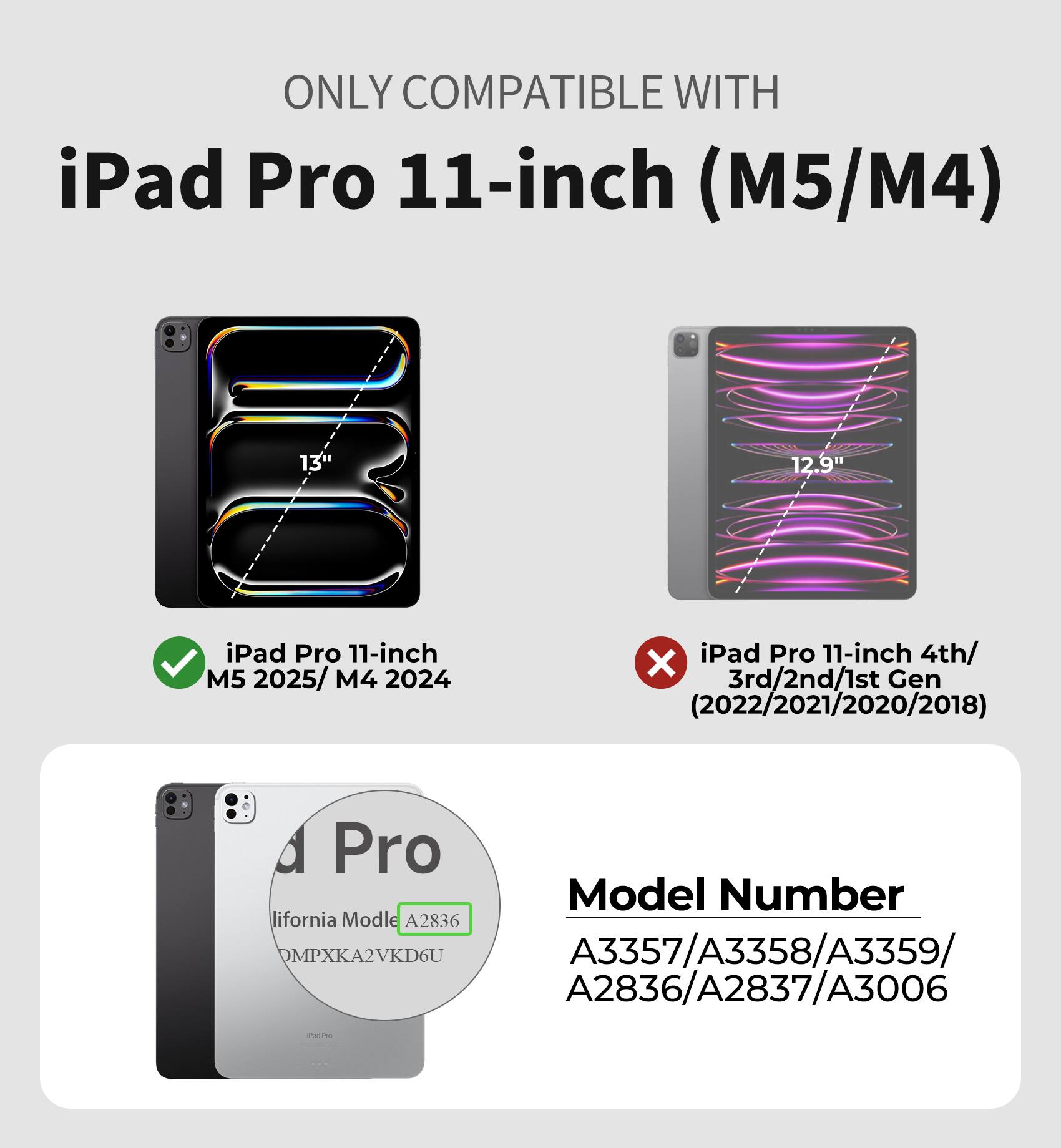 ONLY COMPATIBLE WITH  
iPad Pro 11-inch (M5/M4)  
13" 12.9" iPad Pro 11-inch M5 2025/ M4 2024 X iPad Pro 11-inch 4th/ 3rd/2nd/1st Gen 2022/2021/2020/2018)  
a Pro Model Number  
California Model A2836 OMPXK2VKD6U A3357/A3358/A3359/ A2836/A2837/A3006