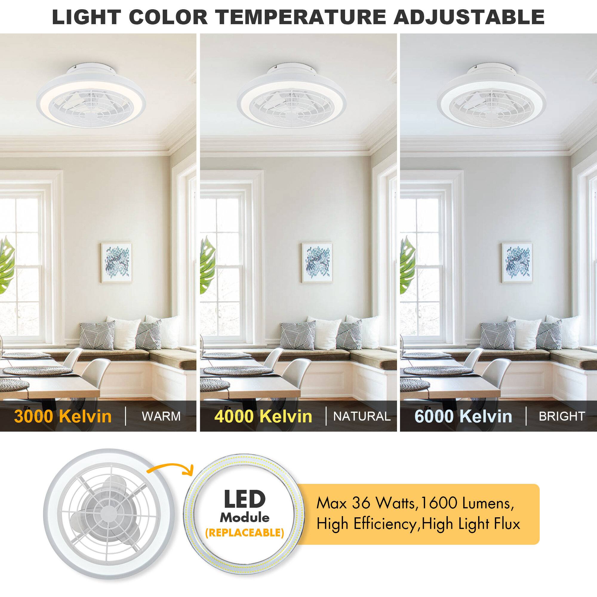LIGHT COLOR TEMPERATURE ADJUSTABLE

3000 Kelvin | WARM  
4000 Kelvin | NATURAL  
6000 Kelvin | BRIGHT  

Max 36 Watts, 1600 Lumens, High Efficiency, High Light Flux  

LED Module (REPLACEABLE)