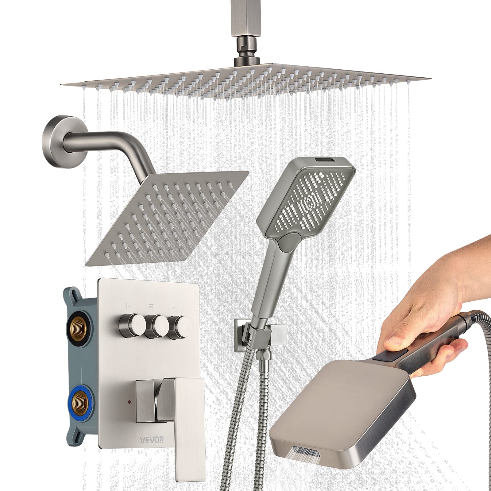 VEVOR - Shower Faucet Set, 12 Inch Ceiling Mount Rainfall Shower System with 6 Inch Wall Mount Head and 4 in 1 Handheld Spray - Brushed Nickel