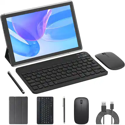 Front. RTMB - 10" Android 14 Tablet – 8GB+64GB, Keyboard & Mouse Bundle, Wi-Fi 6, Black - Black.