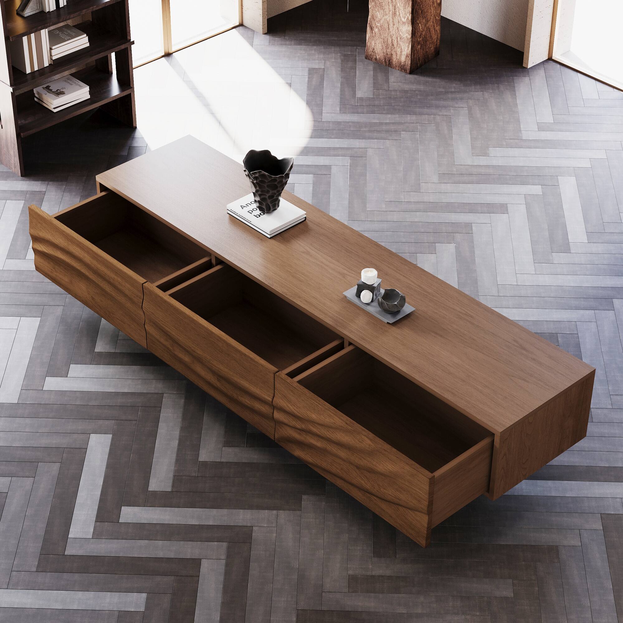 Alt View 2. luck idea - Mid-Century Modern TV Stand - 82.83” Wide with Metal Legs, 3 Drawers & Vent Holes - Walnut Color.