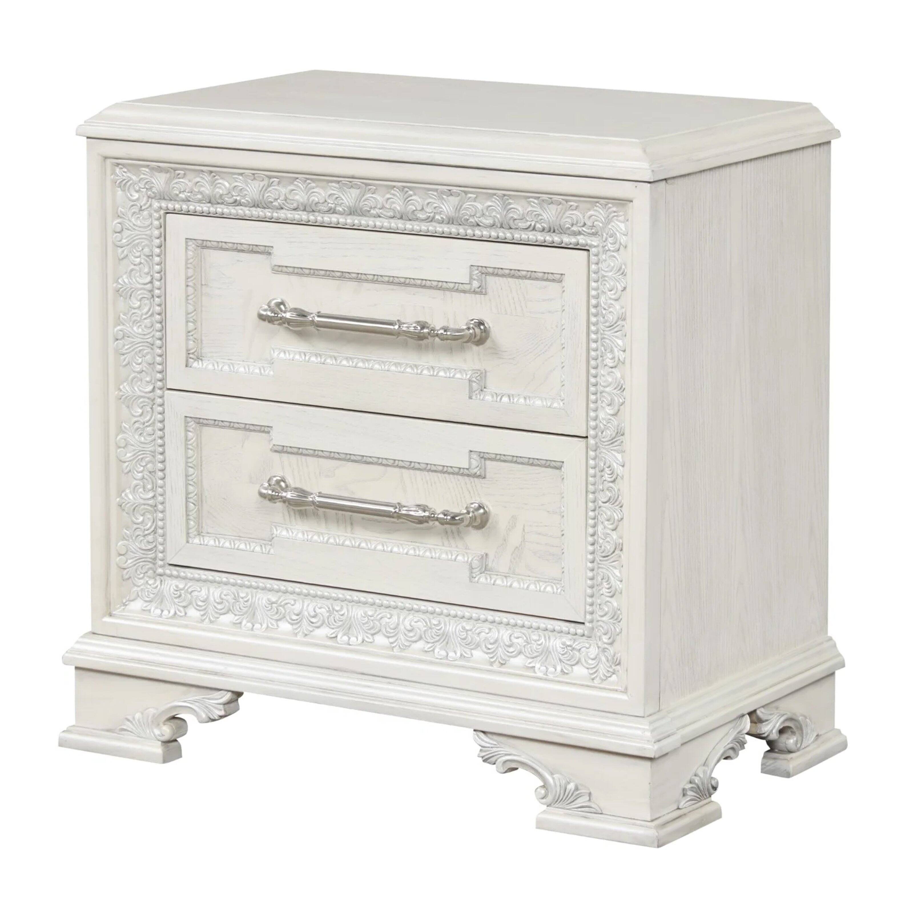 Front. Manhattan Lane - Miamy Nightstand, USB, 2 Drawers, 29 Inch - Creamy White, Silver.