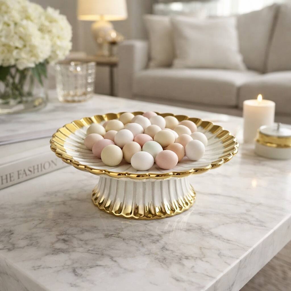 Angle. Jiallo - 7" Gold Edge Ceramic Footed Bowl - White.
