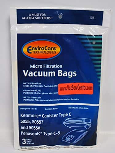 A MUST FOR ALLERGY SUFFERERS!!  
137 EnviroCare TECHNOLOGIES Micro Filtration Vacuum Bags  
99.7% Filtration Traps Microscopic Particles and Allergens  
99.7% Filtration Particulas Microscopicas de los Desvios  
Designed to Fit:  
Kenmore Canister Type C  
5055, 50557 and 50558  
Panasonic Type C-5  
3 BAGS  
www.VacSewCenter.com