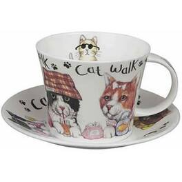 Jiallo - Roy Kirkham Animal Fashion Cat Breakfast Cup & Saucer in Fine Bone China, Set of 2, Ceramics, Made in England - Mutli color