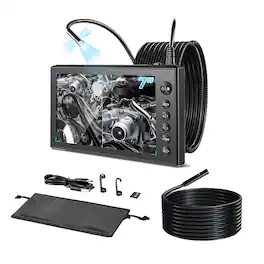 VEVOR - Triple Lens Endoscope with Dual-Cable Setup, Industrial Borescope with Light, 7" HD IPS Spilt-Screen, 8 + 2 LEDs - Black