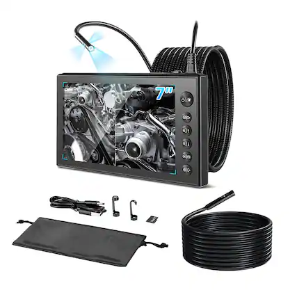 Front. VEVOR - Triple Lens Endoscope with Dual-Cable Setup, Industrial Borescope with Light, 7" HD IPS Spilt-Screen, 8 + 2 LEDs - Black.
