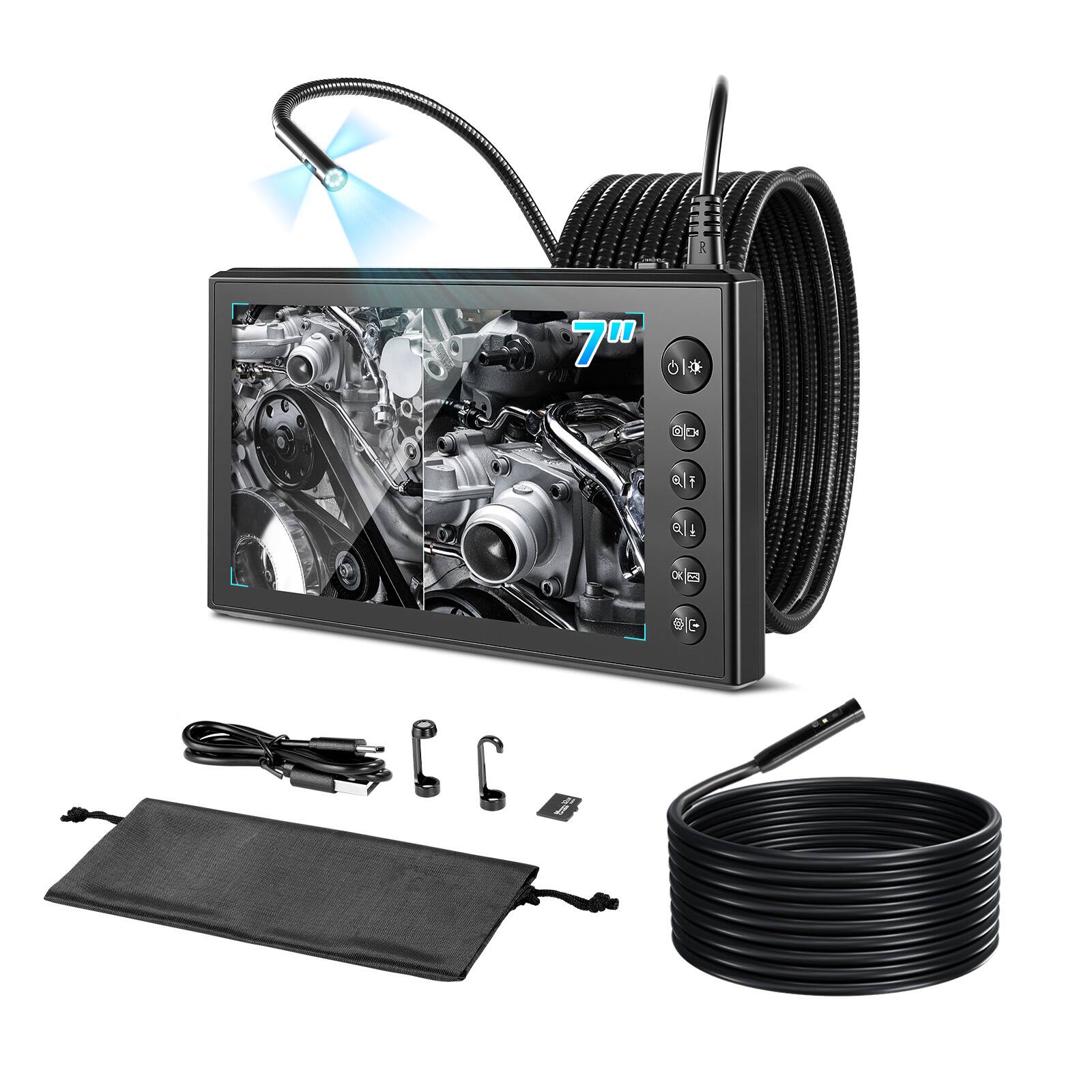Front. VEVOR - Triple Lens Endoscope with Dual-Cable Setup, Industrial Borescope with Light, 7" HD IPS Spilt-Screen, 8 + 2 LEDs - Black.