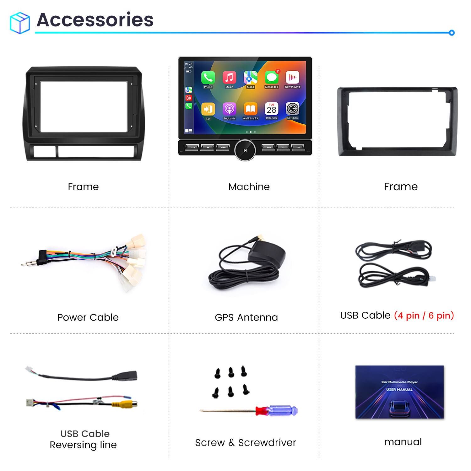 Accessories

- Frame
- Machine
- Frame
- Power Cable
- GPS Antenna
- USB Cable (4 pin / 6 pin)
- USB Cable Reversing line
- Screw & Screwdriver
- Manual