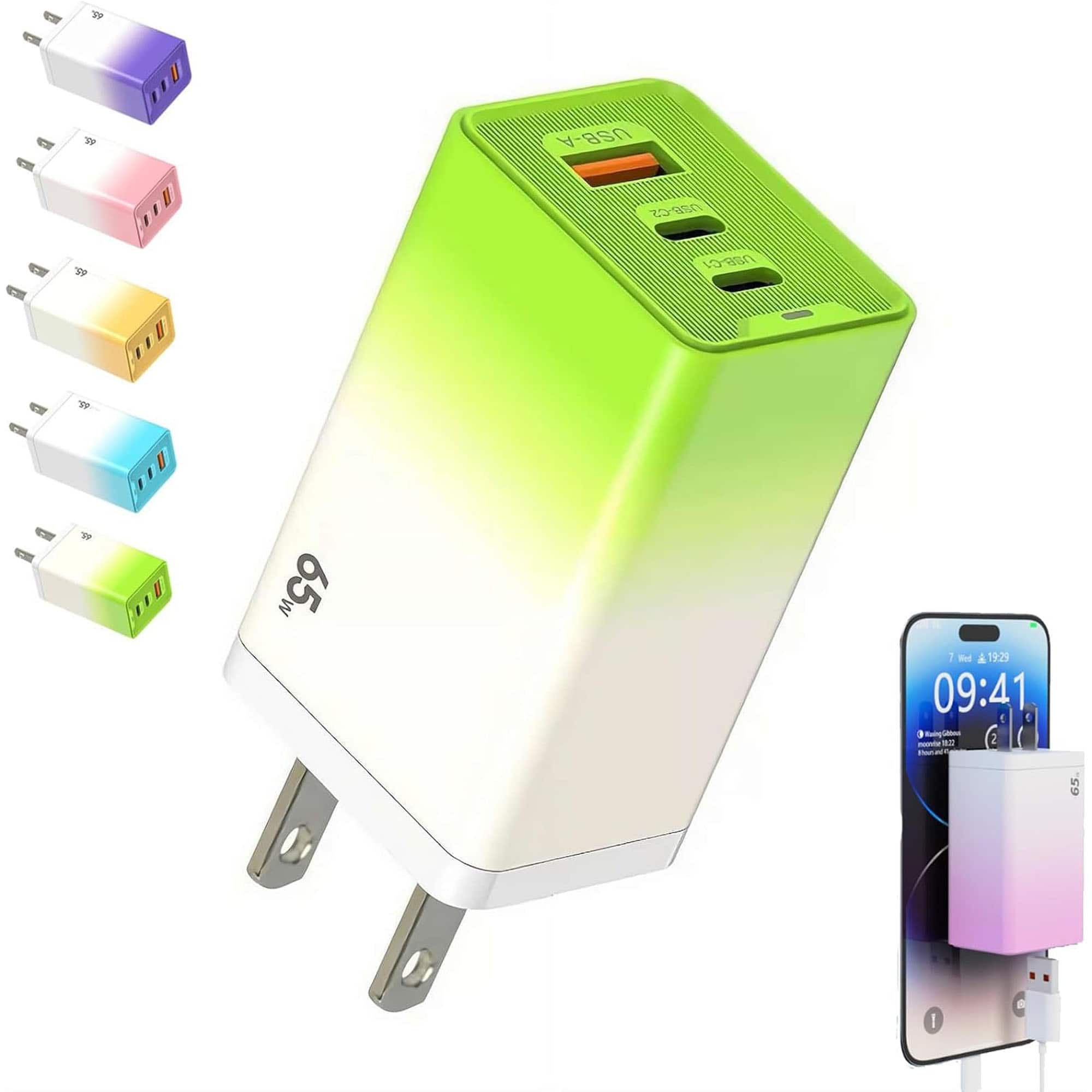 YONWAY - 65W 3 Port Gradient Charger, USB 2PD Type C Fast Charging Wall Charger, US Plug for iPhone and Android