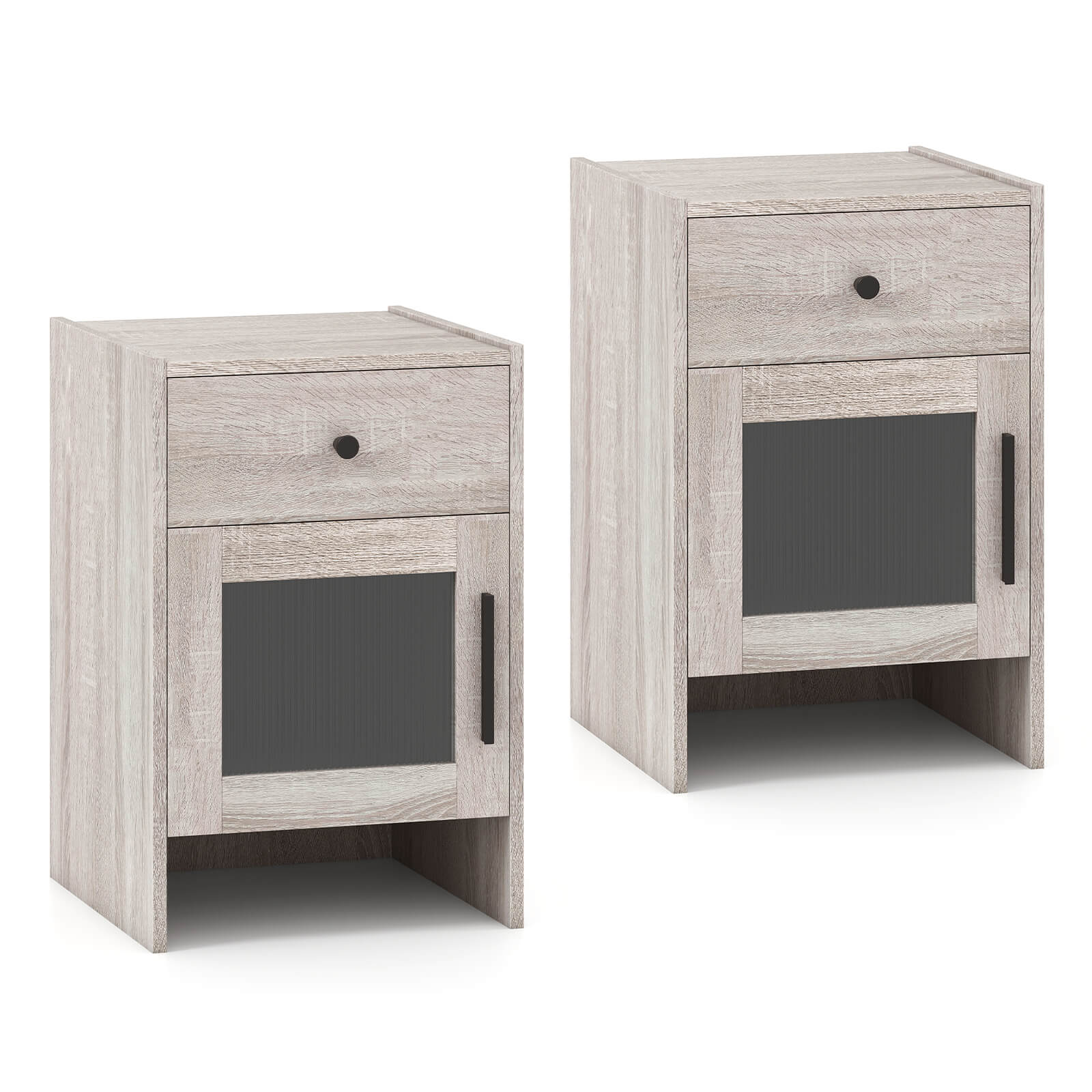 Angle. Costway - Costway 2 PCS Farmhouse Nightstand Fluted Bed Side Table with Large Drawer Enclosed Cabinet - Natural.