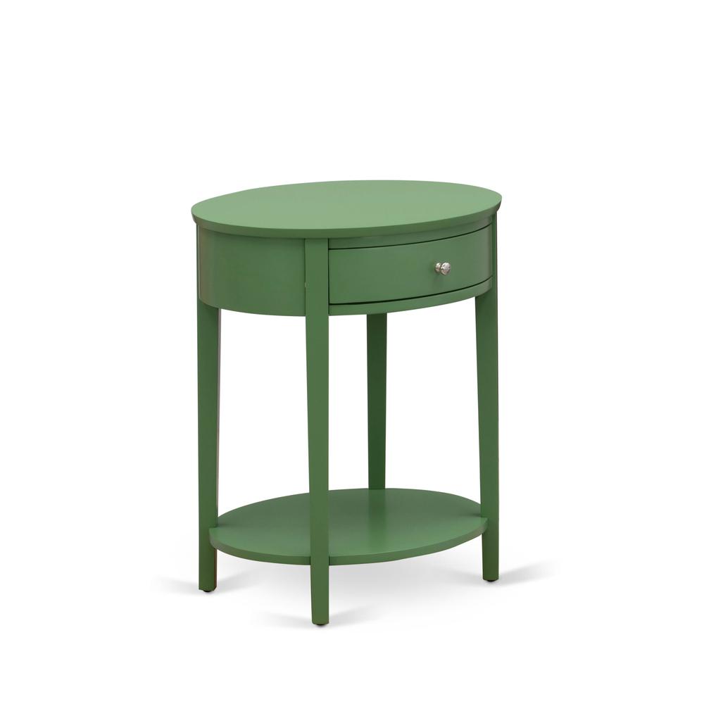 Angle. East West Furniture - HI-12-ET Mid Century Modern Nightstand with 1 Wood Drawer, Stable and Sturdy Constructed - Clover Green Finish - Clover Green.
