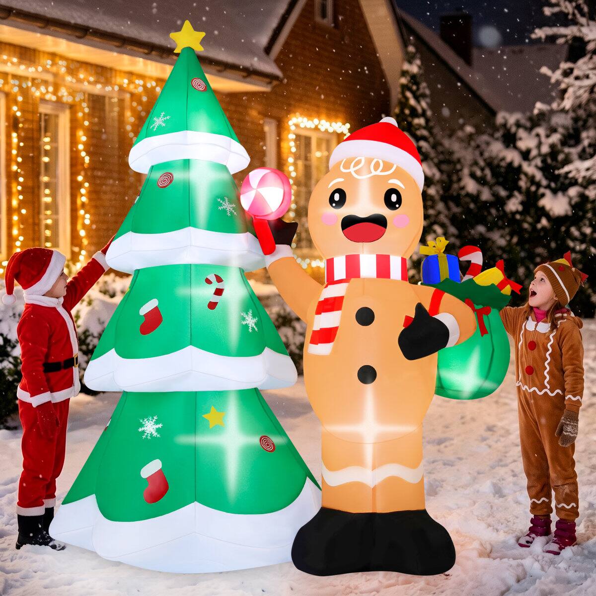 Angle. Wisairt - 6FT Christmas Inflatable Gingerbread Man and Christmas tree Outdoor Yard Decoration with Built-in LED lihgts - Green|White|Red.