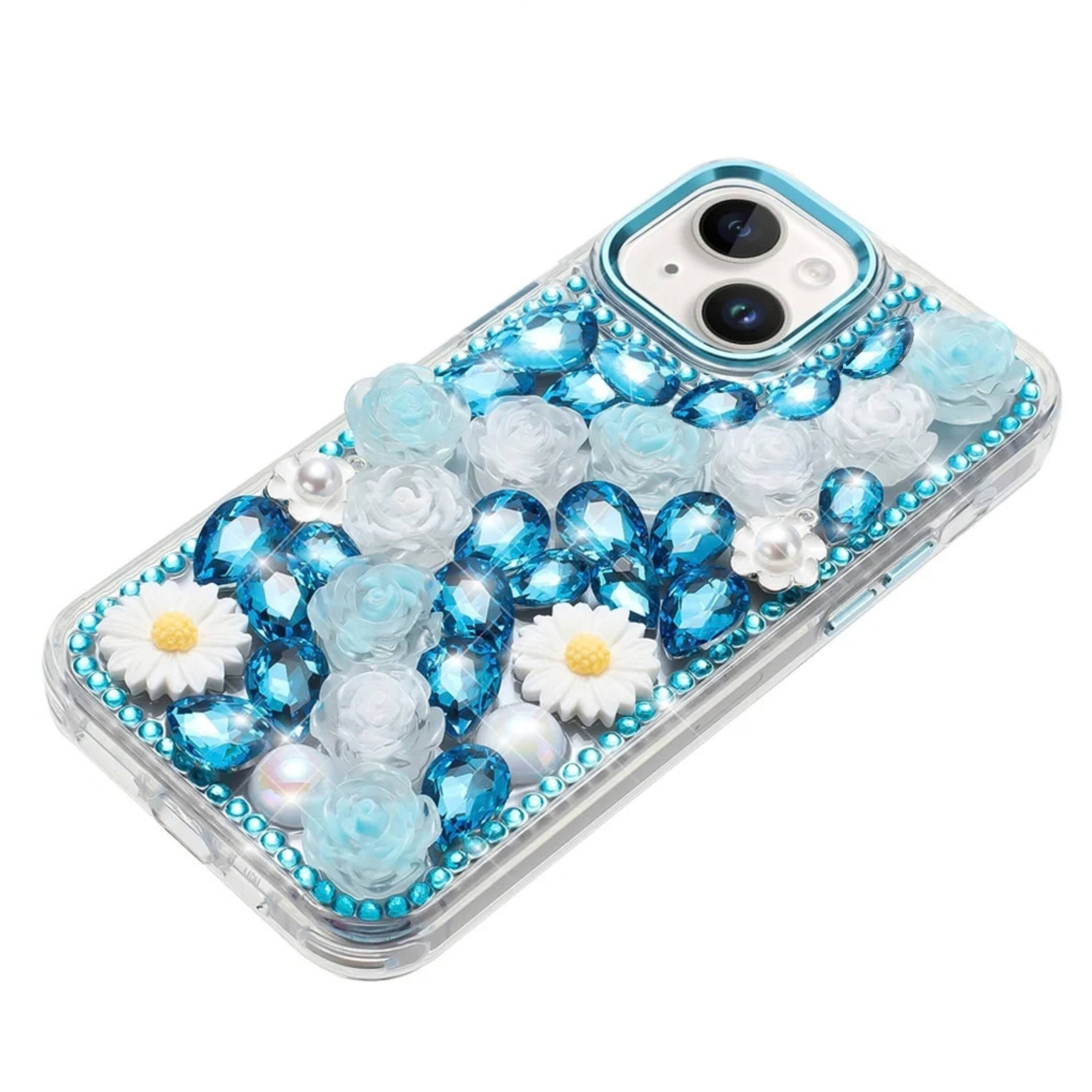 Angle. Kitcheniva - Full 3D Bling Rhinestone Jewel Shockproof Phone Case With Tempered Glass For iPhone 13 14 Blue - Blue.