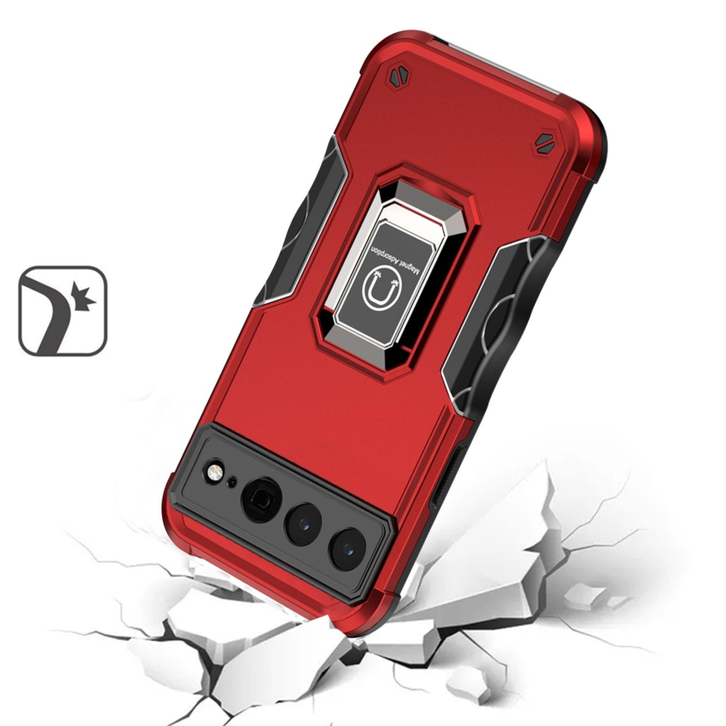 Angle. Kitcheniva - Grip Design Magnetic Ring Stand Case For Google Pixel 7 PRO (Triple Camera) Red - Red.