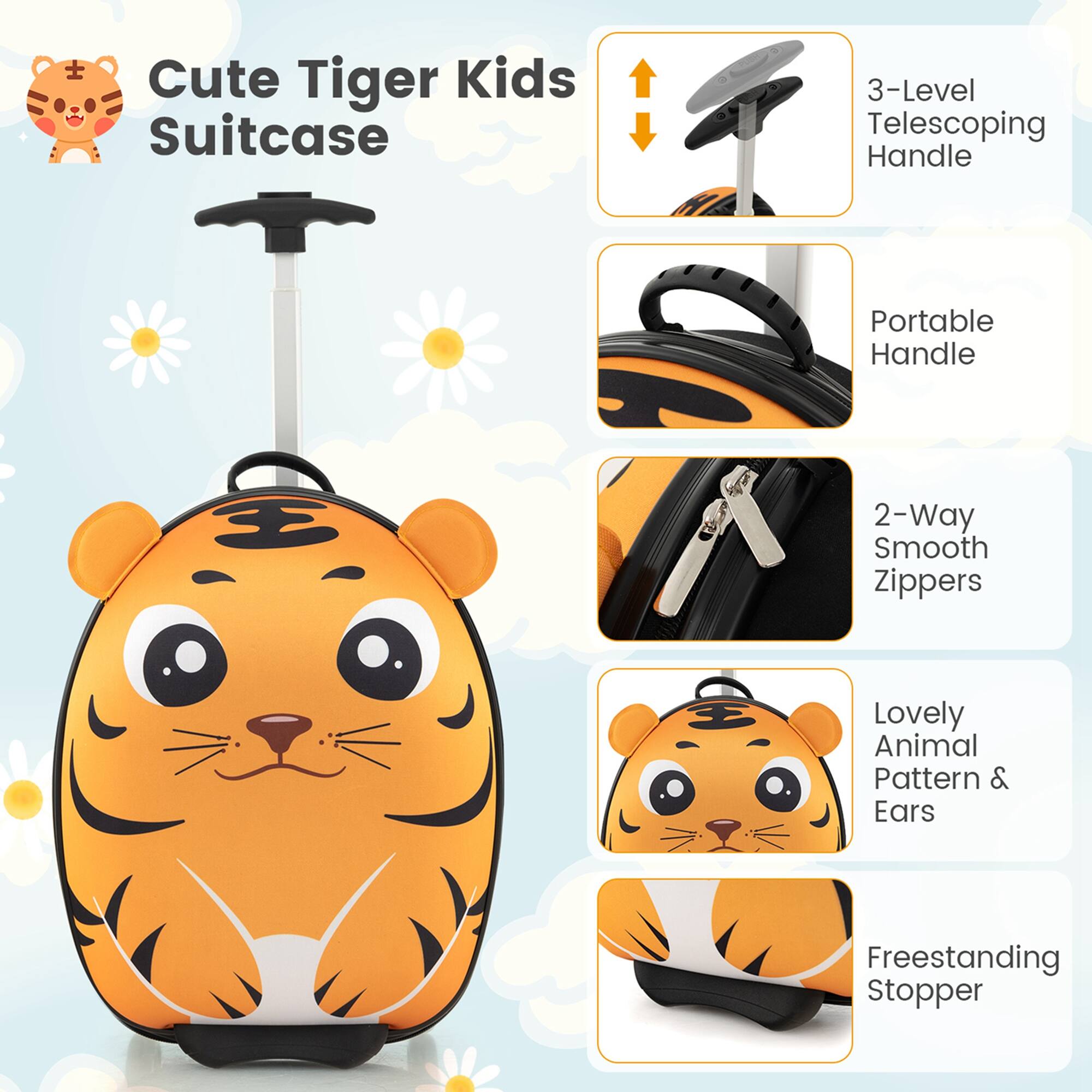 Costway 2PCS Kids Carry On Luggage Set 16'' Tiger Rolling Suitcase with