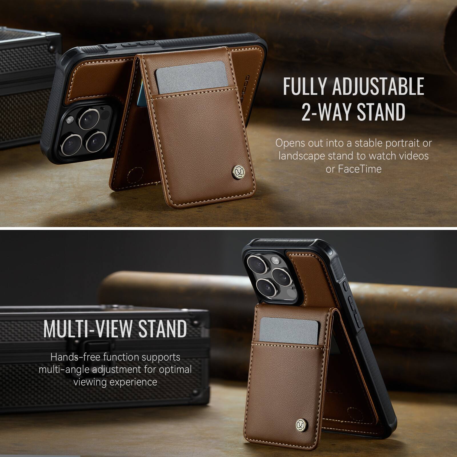 FULLY ADJUSTABLE 2-WAY STAND  
Opens out into a stable portrait or landscape stand to watch videos or FaceTime  

MULTI-VIEW STAND  
Hands-free function supports multi-angle adjustment for optimal viewing experience