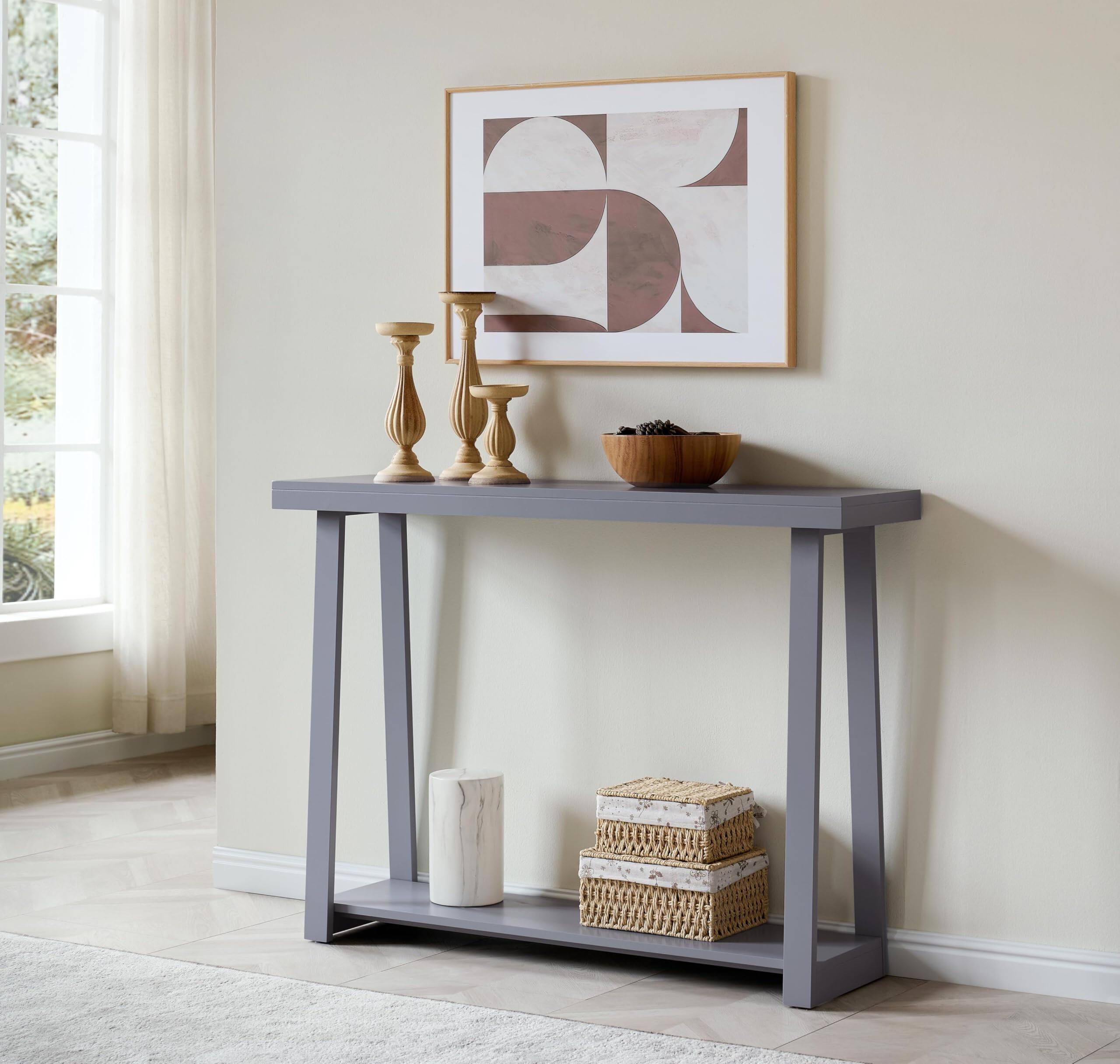Angle. Kings Brand Furniture - Kings Brand Furniture Emma Narrow Console Table with Lower Shelf - Medium Grey.