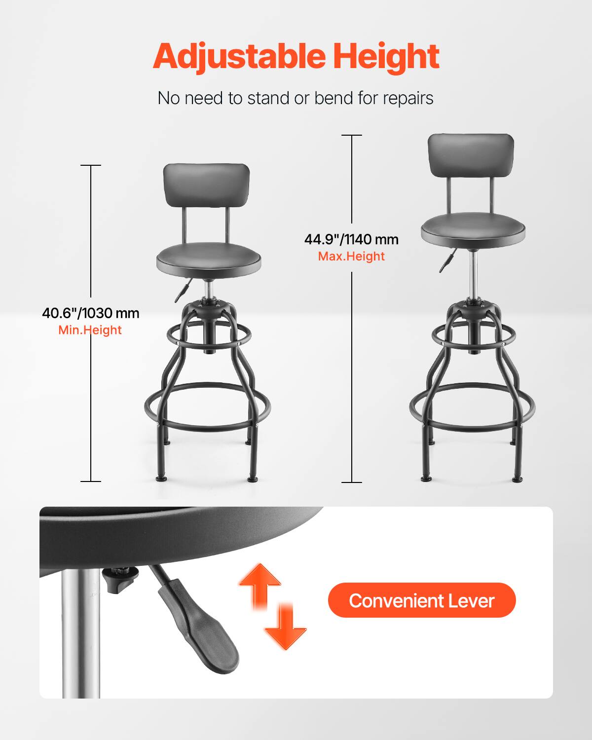 Adjustable Height  
No need to stand or bend for repairs  

44.9"/1140 mm Max. Height  
40.6"/1030 mm Min. Height  

Convenient Lever