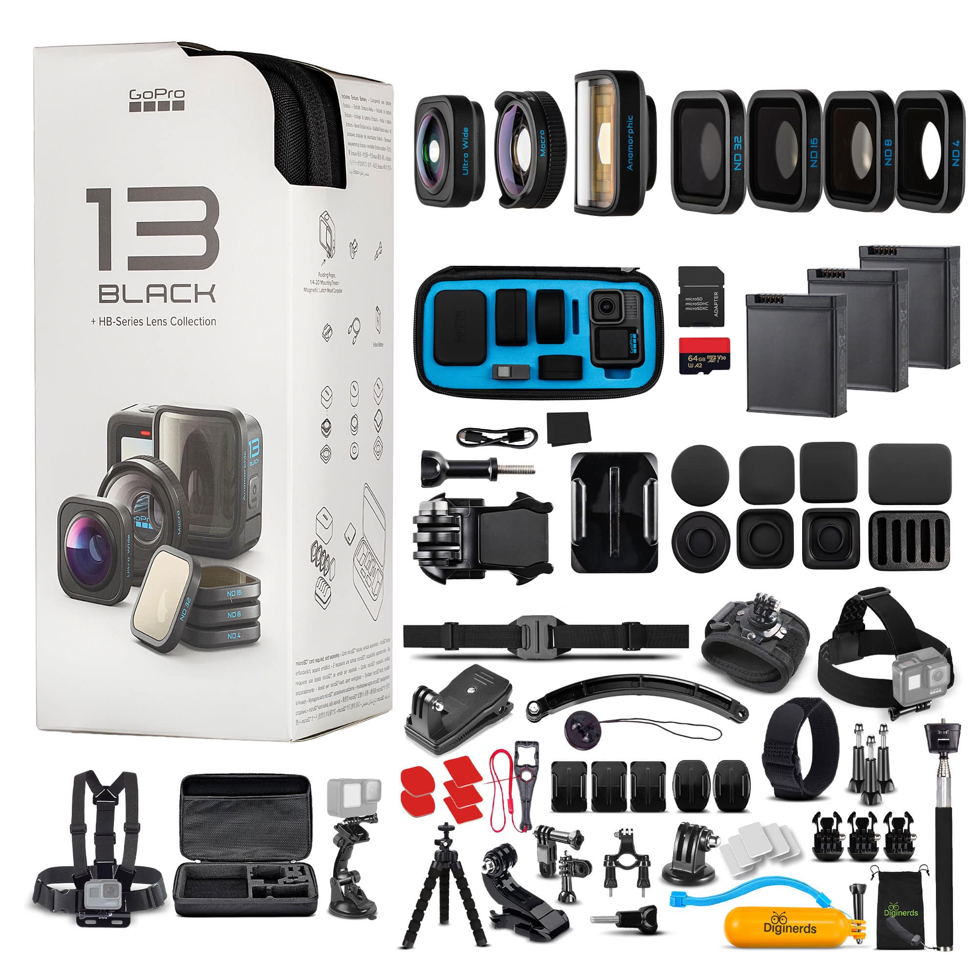 GoPro - HERO13 Black with HB-Series Lens Collection - Action Camera + 64GB Card, 50 Piece Accessory Kit and 2 Batteries