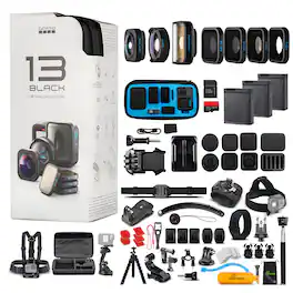 GoPro - HERO13 Black with HB-Series Lens Collection - Action Camera + 64GB Card, 50 Piece Accessory Kit and 2 Batteries