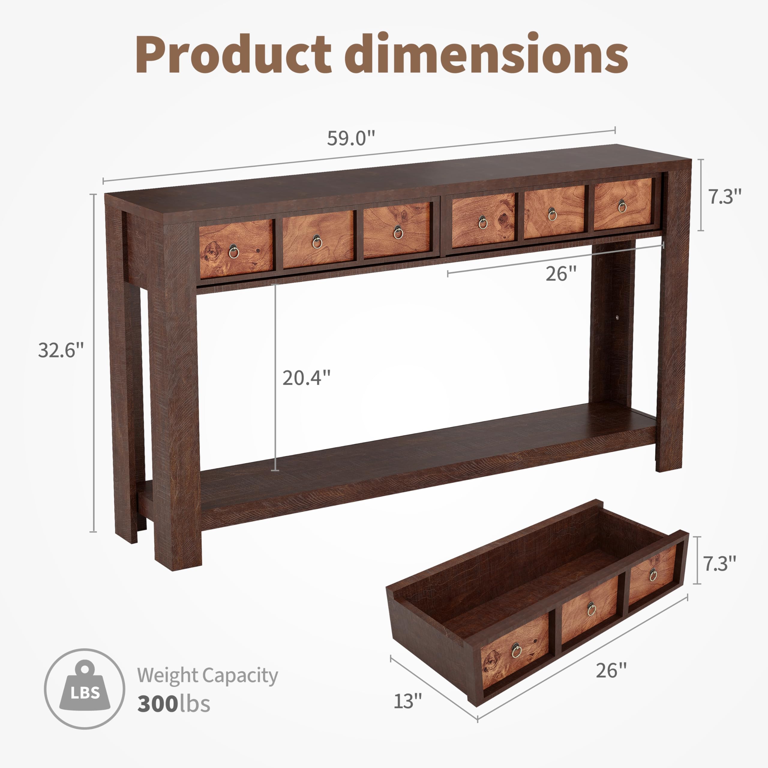 Product dimensions: 59.0" x 7.3" x 26" x 32.6" x 20.4" x 7.3"  
Weight Capacity: 300 lbs  
Dimensions: 13" x 26"