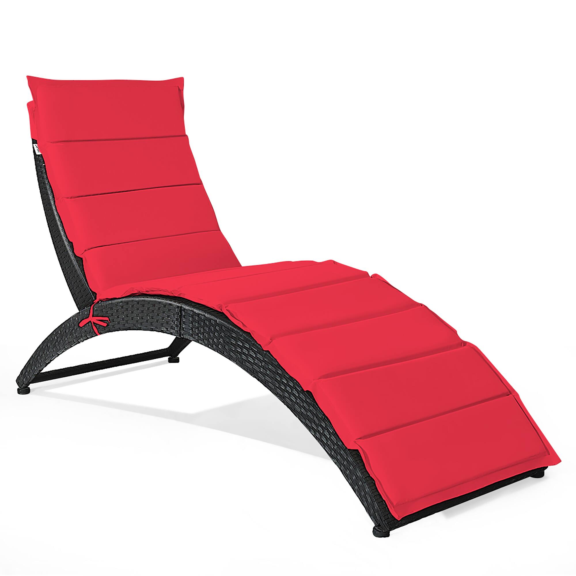 Angle. Costway - Folding Patio Rattan Lounge Chair Chaise Cushioned Portable Garden Lawn - Red.