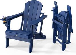 Winado - Plastic Folding Adirondack Chair with Cup Holder, Waterproof HDPE Material for Outdoor Pool Lounge Chair Lawn Furniture - Navy Blue