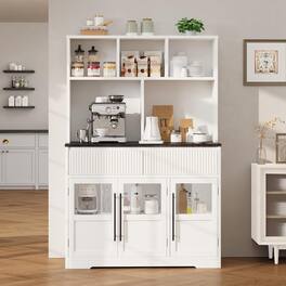 Homhougo - 60" Kitchen Pantry Cabinet, Tall Pantry Storage Cabinet with Microwave Stand, Farmhouse Kitchen Hutch with Storage - White