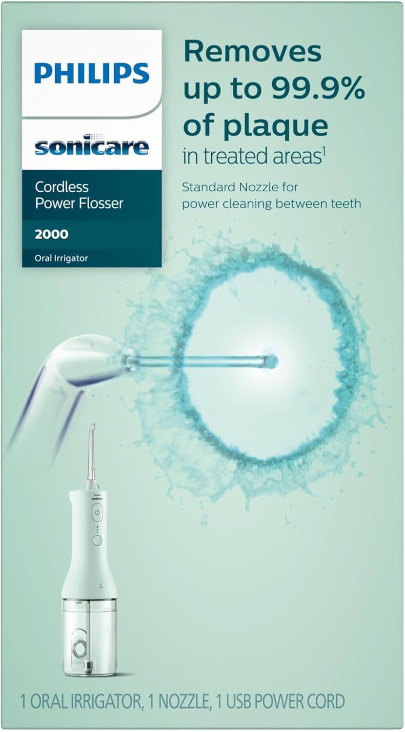 **PHILIPS sonicare**

**Cordless Power Flosser 2000 Oral Irrigator**

**Removes up to 99.9% of plaque in treated areas¹**

**Standard Nozzle for power cleaning between teeth**

**1 ORAL IRRIGATOR, 1 NOZZLE, 1 USB POWER CORD**